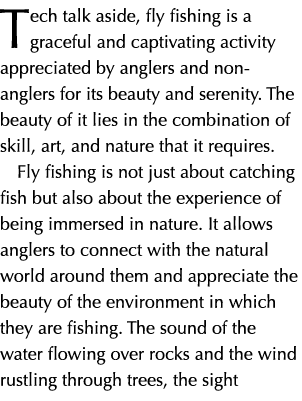 Tech talk aside, fly fishing is a graceful and captivating activity appreciated by anglers and non anglers for its be...