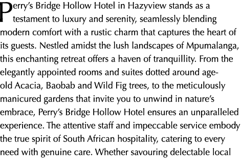 Perry’s Bridge Hollow Hotel in Hazyview stands as a testament to luxury and serenity, seamlessly blending modern comf...