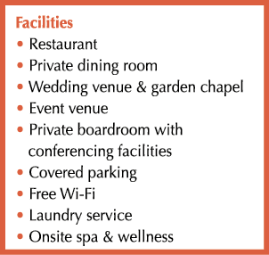 Facilities • Restaurant • Private dining room • Wedding venue & garden chapel • Event venue • Private boardroom with ...
