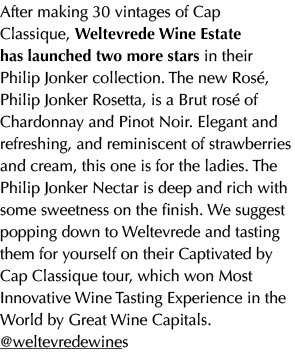 After making 30 vintages of Cap Classique, Weltevrede Wine Estate has launched two more stars in their Philip Jonker ...