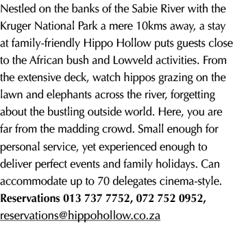 Nestled on the banks of the Sabie River with the Kruger National Park a mere 10kms away, a stay at family friendly Hi...