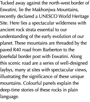 Tucked away against the north west border of Eswatini, lie the Makhonjwa Mountains, recently declared a UNESCO World ...