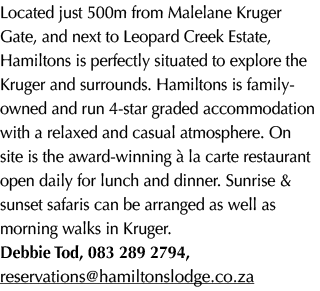 Located just 500m from Malelane Kruger Gate, and next to Leopard Creek Estate, Hamiltons is perfectly situated to exp...