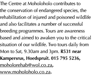 The Centre at Moholoholo contributes to the conservation of endangered species, the rehabilitation of injured and poi...
