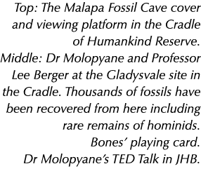 Top: The Malapa Fossil Cave cover and viewing platform in the Cradle of Humankind Reserve. Middle: Dr Molopyane and P...