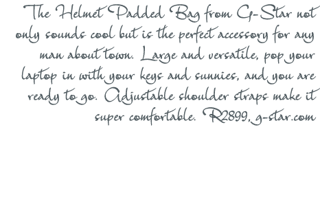 The Helmet Padded Bag from G-Star not only sounds cool but is the perfect accessory for any man about town  Large and   