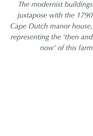 The modernist buildings juxtapose with the 1790 Cape Dutch manor house, representing the  then and now  of this farm