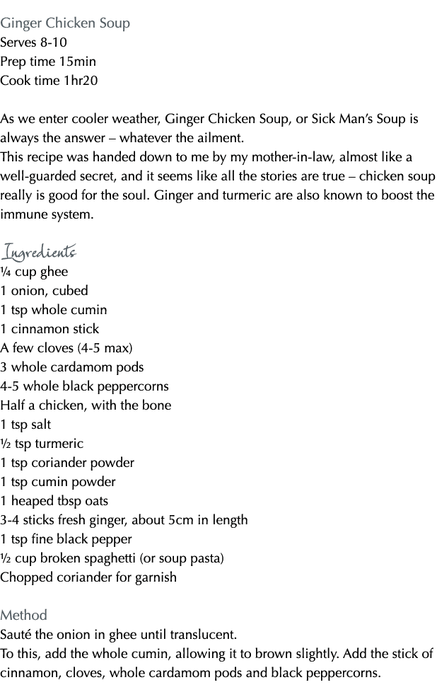 Ginger Chicken Soup Serves 8-10 Prep time 15min Cook time 1hr20 As we enter cooler weather, Ginger Chicken Soup, or S   