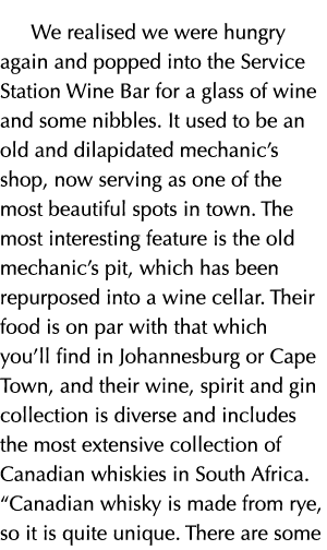 We realised we were hungry again and popped into the Service Station Wine Bar for a glass of wine and some nibbles. I...